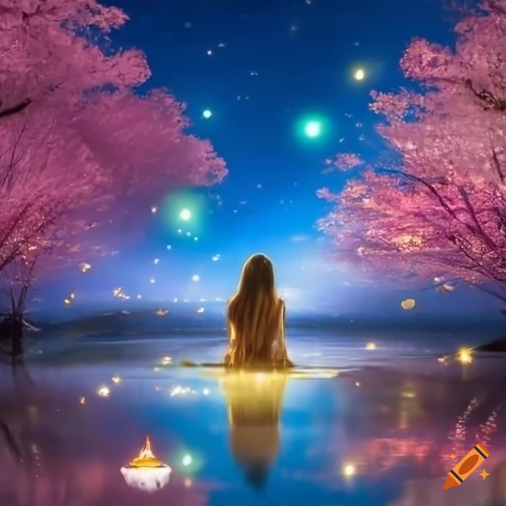 sakura pond with magical lights in a bright day