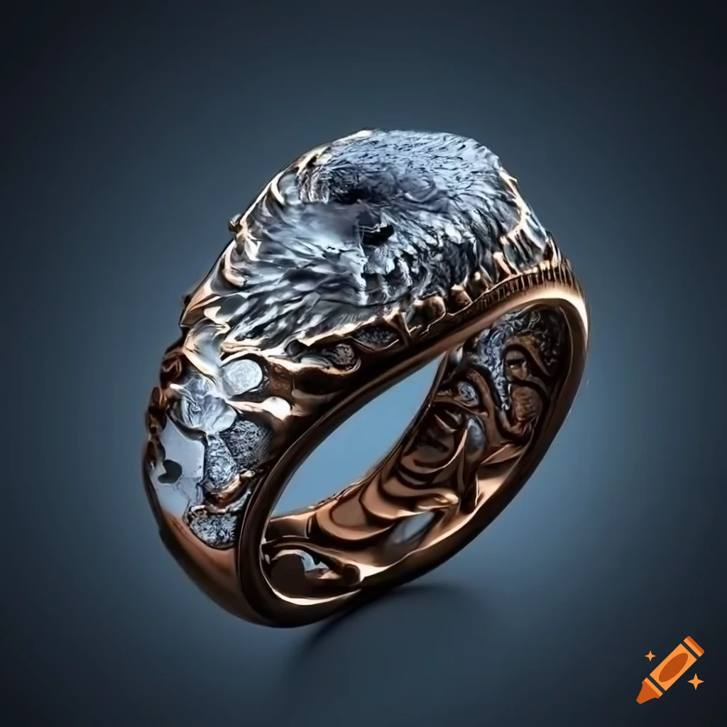 ice-encrusted bronze ring with raven insignia