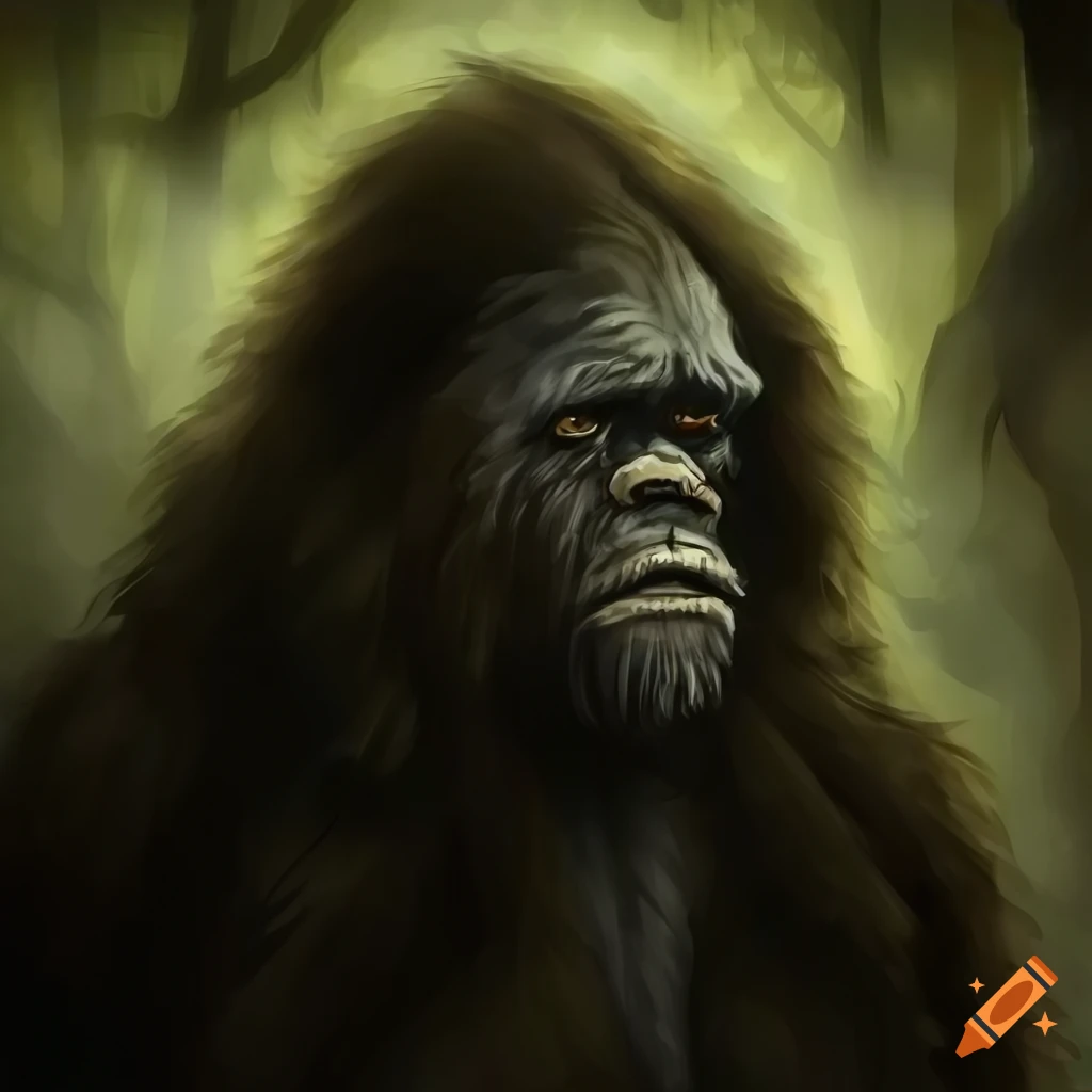 black and white portrait of a mythical bigfoot in a forest