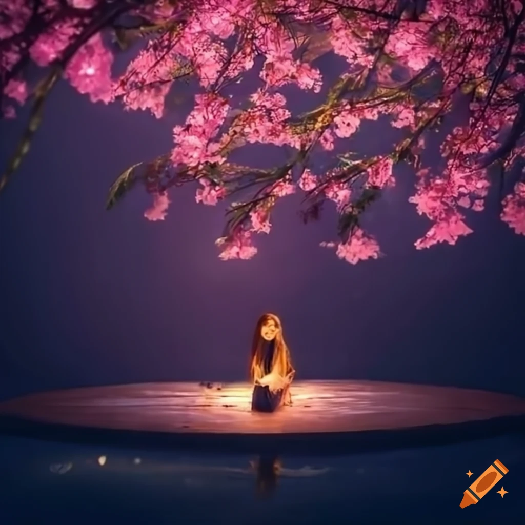 sakura pond with magical lights