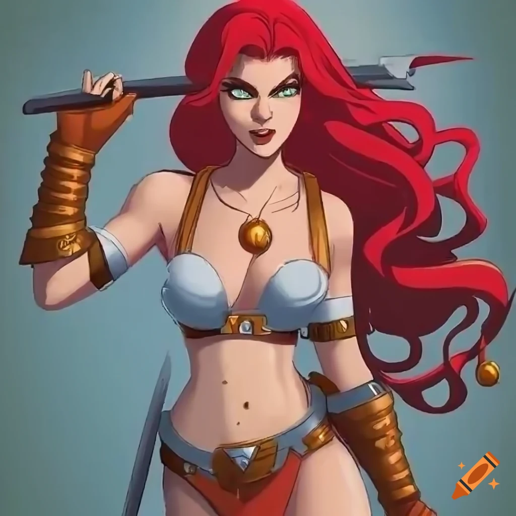 Red Sonja-inspired character in jumpsuit with spear and shield