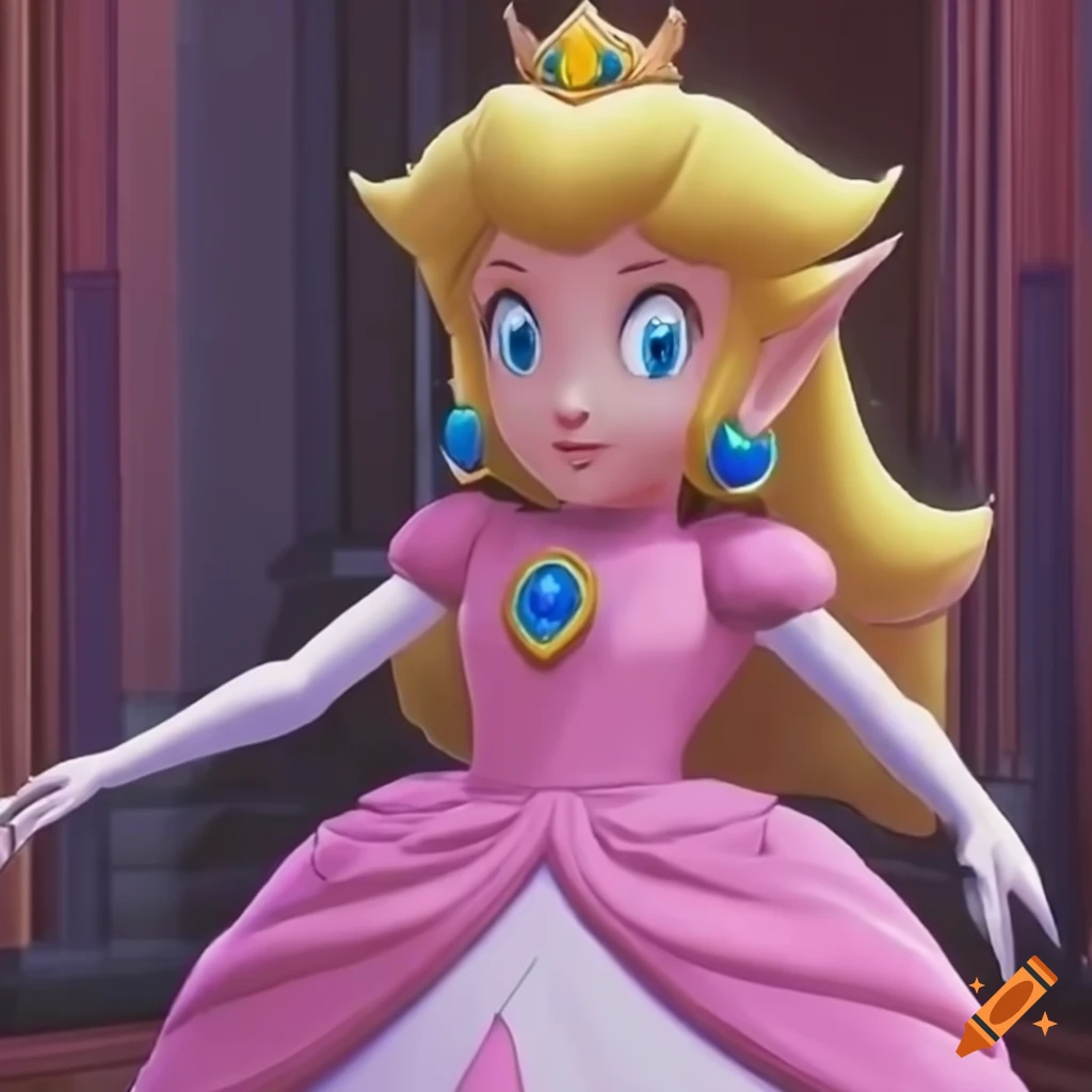 princess Peach wearing a stunning ballgown on a grand staircase