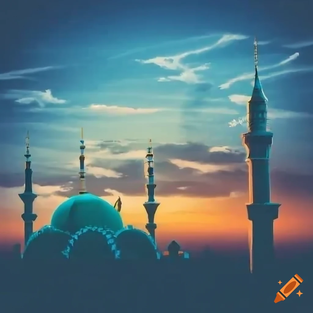 Muslim family enjoying the view of a mosque at sunrise