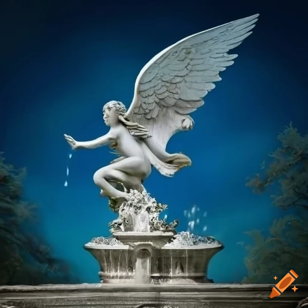 statue of a silver angel on a blue background