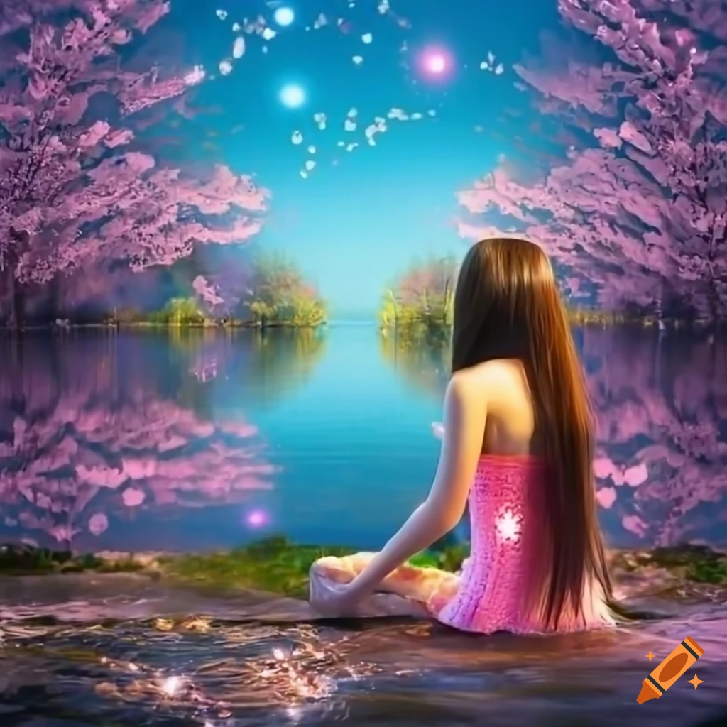 sakura pond with magical lights in a bright day