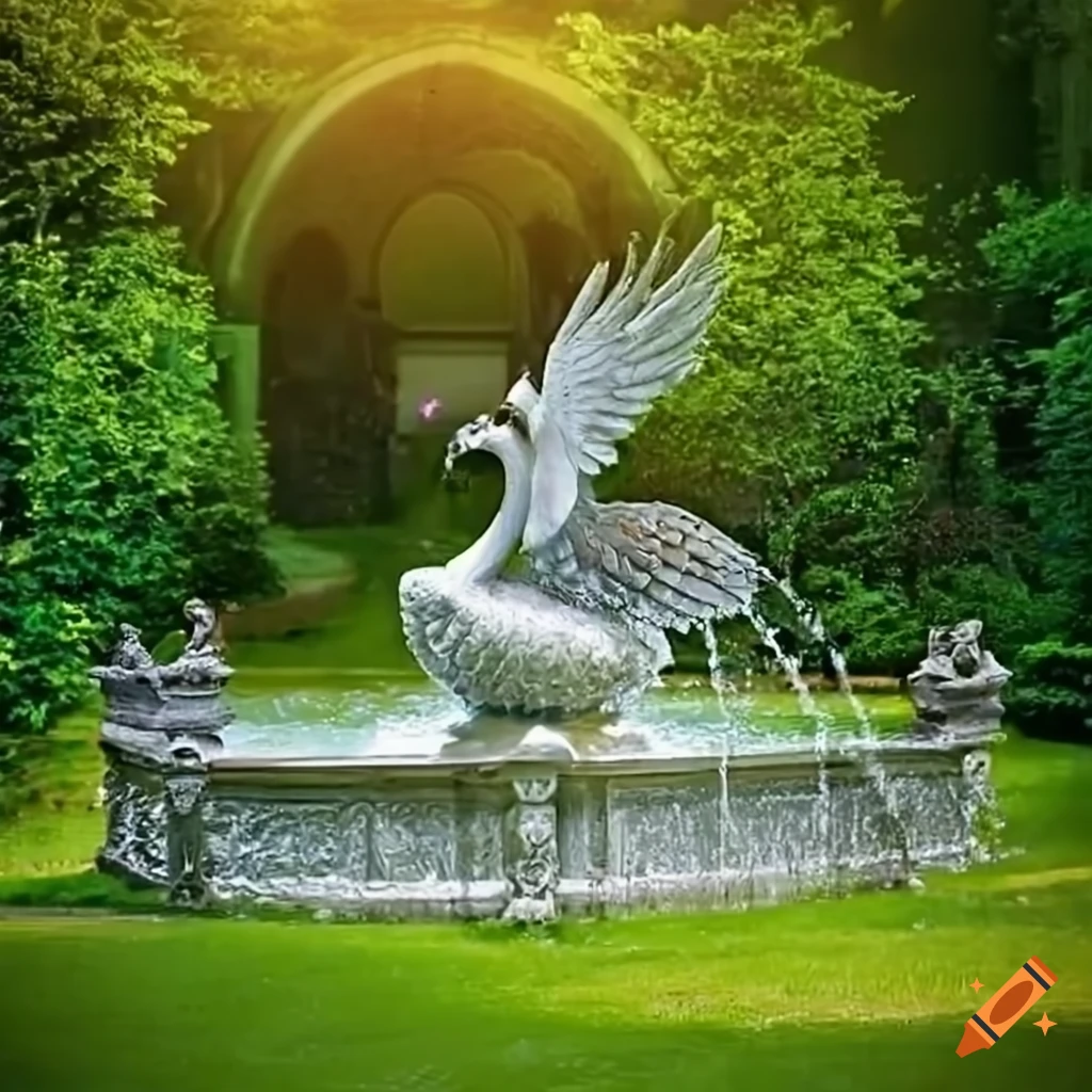 statue of a silver peacock swan spreading wings on a fountain in a garden