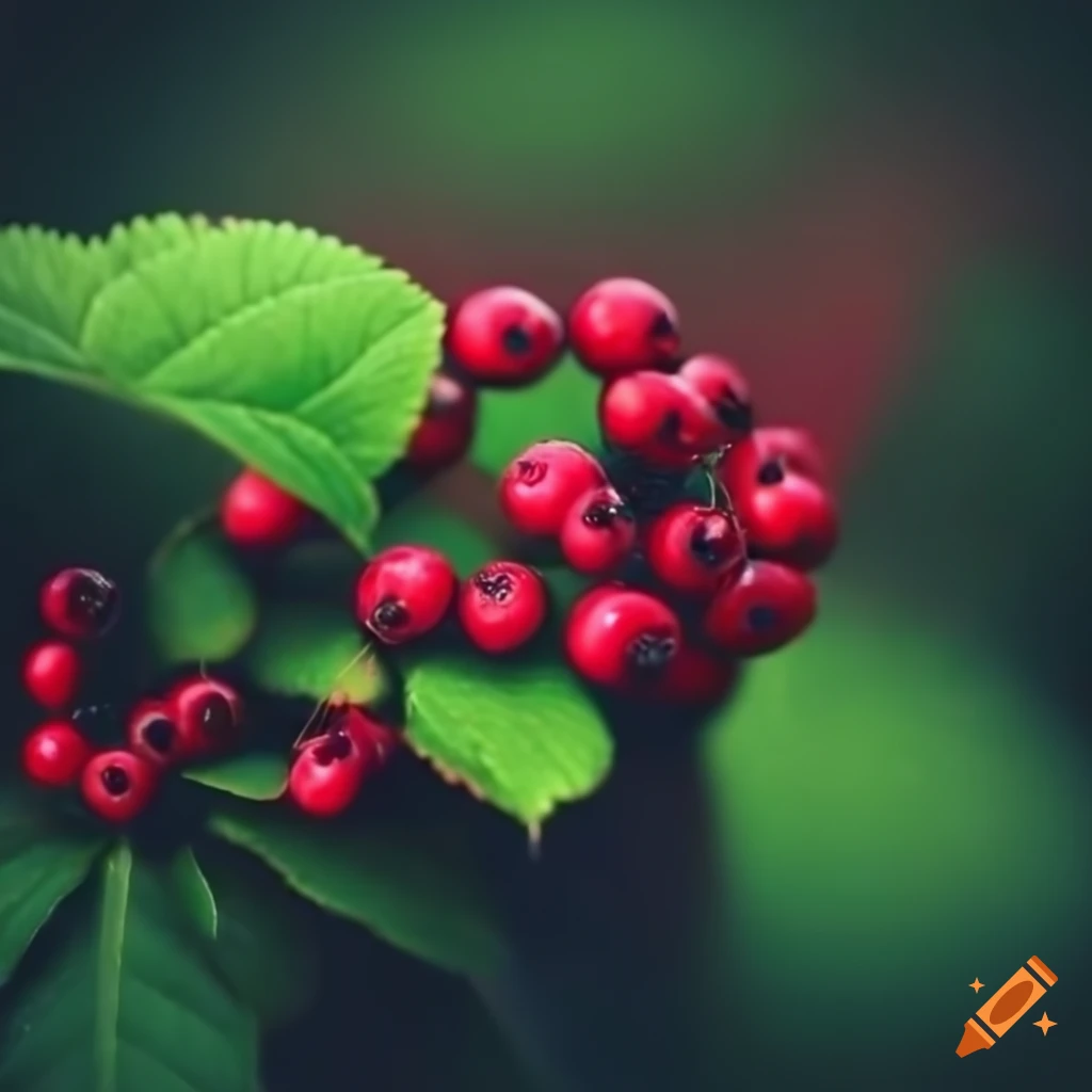 dark theme image of a big red berry on a green bush