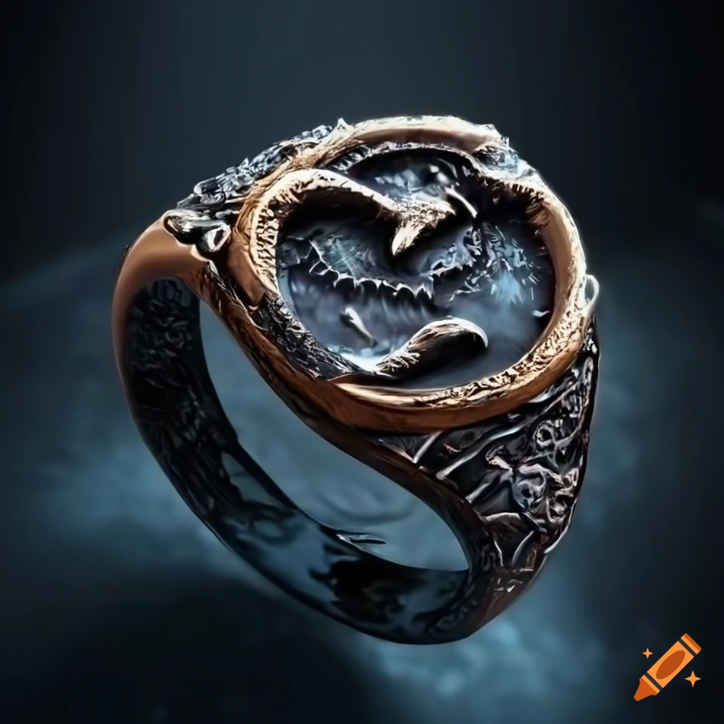 ice-encrusted bronze ring with a raven insignia