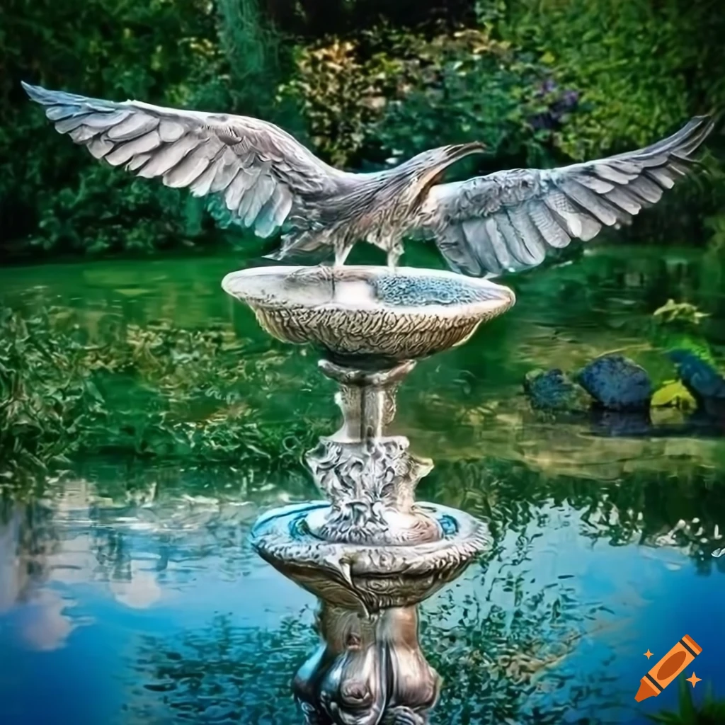 silver bird fountain in a Victorian garden
