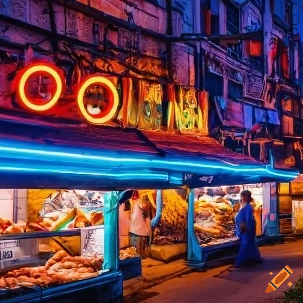 neon-lit fish market at night