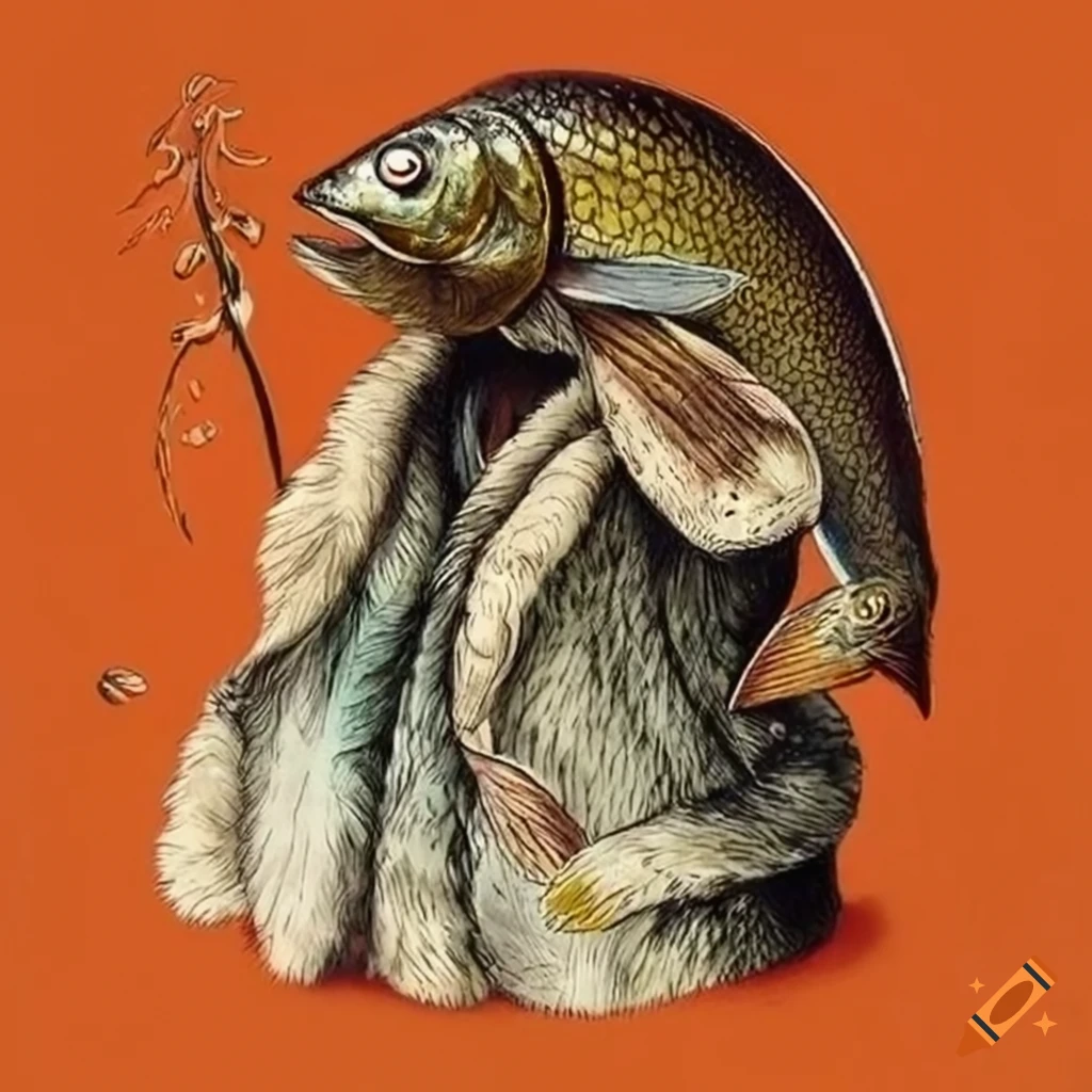 color engraving of a surreal herring under a fur coat