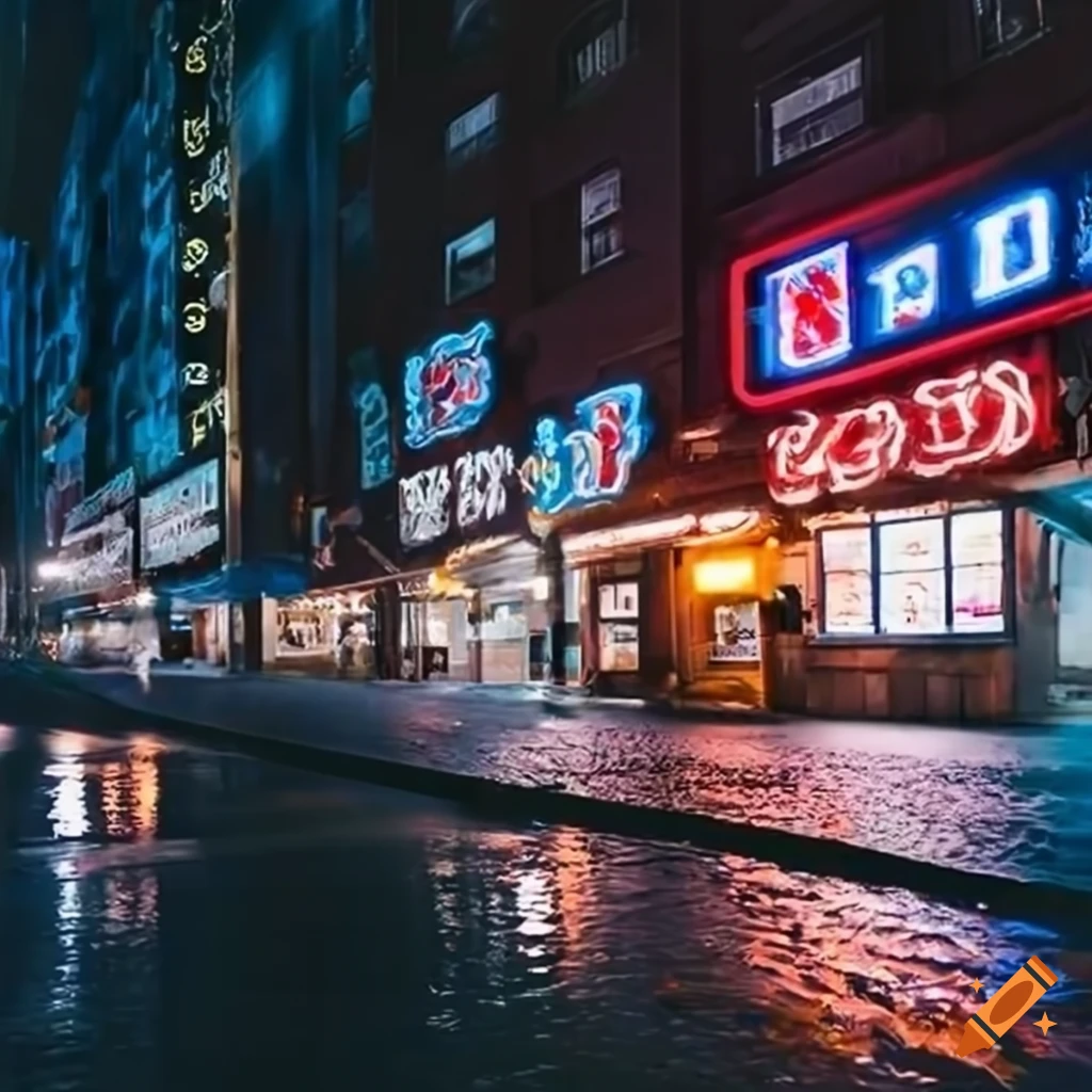 neon-lit fish market at night
