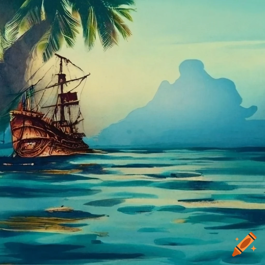 color lithograph of a shipwreck on a tropical island