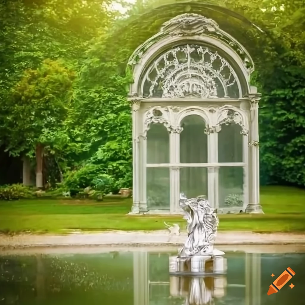 silver angel on a fountain in a rococo garden
