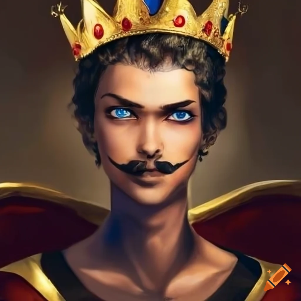 young king sitting in council with crown and mustache