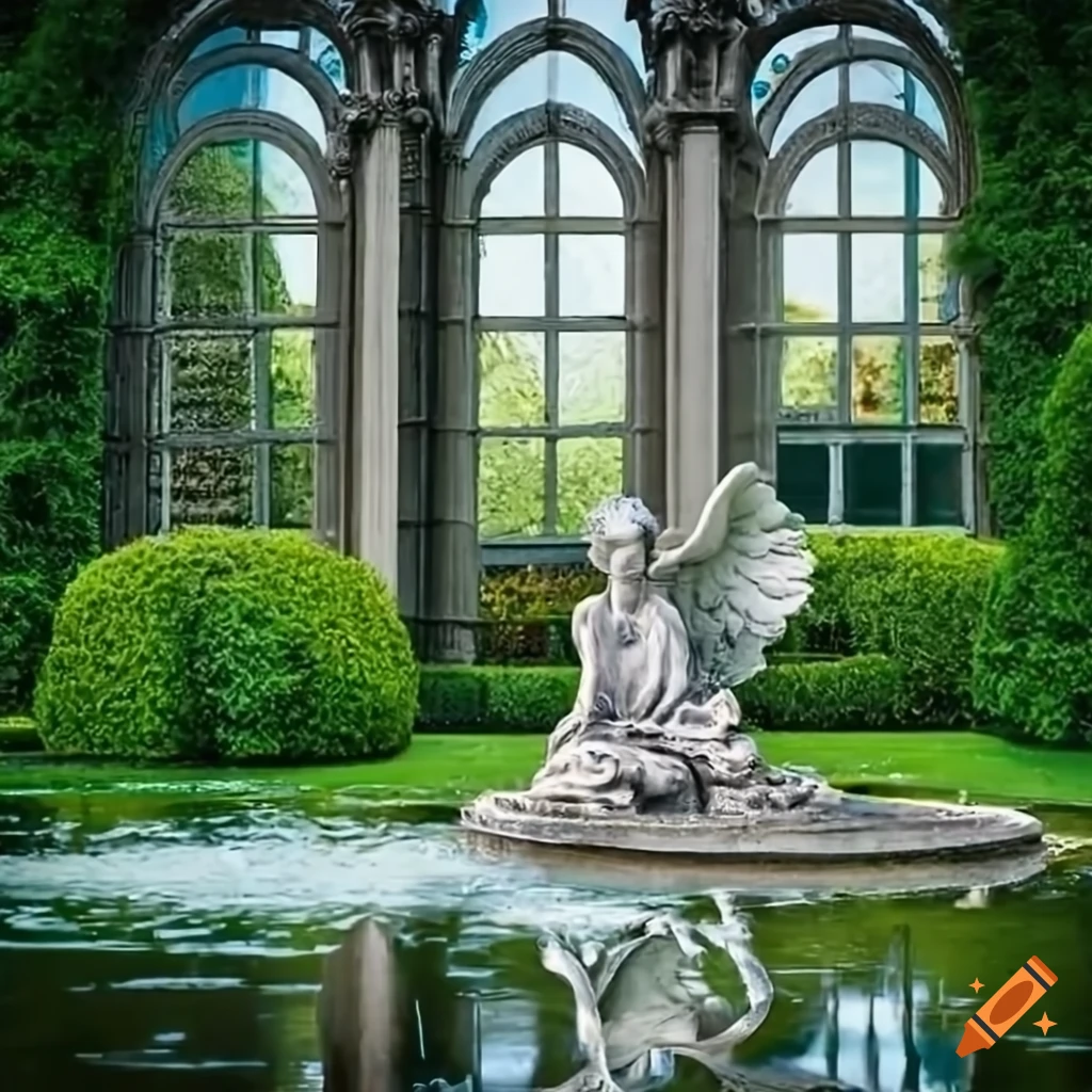 silver angel statue in a rococo garden