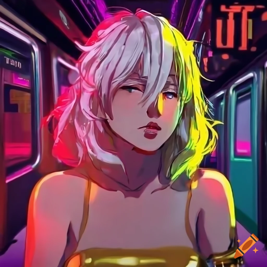 cyberpunk woman relaxing on the subway
