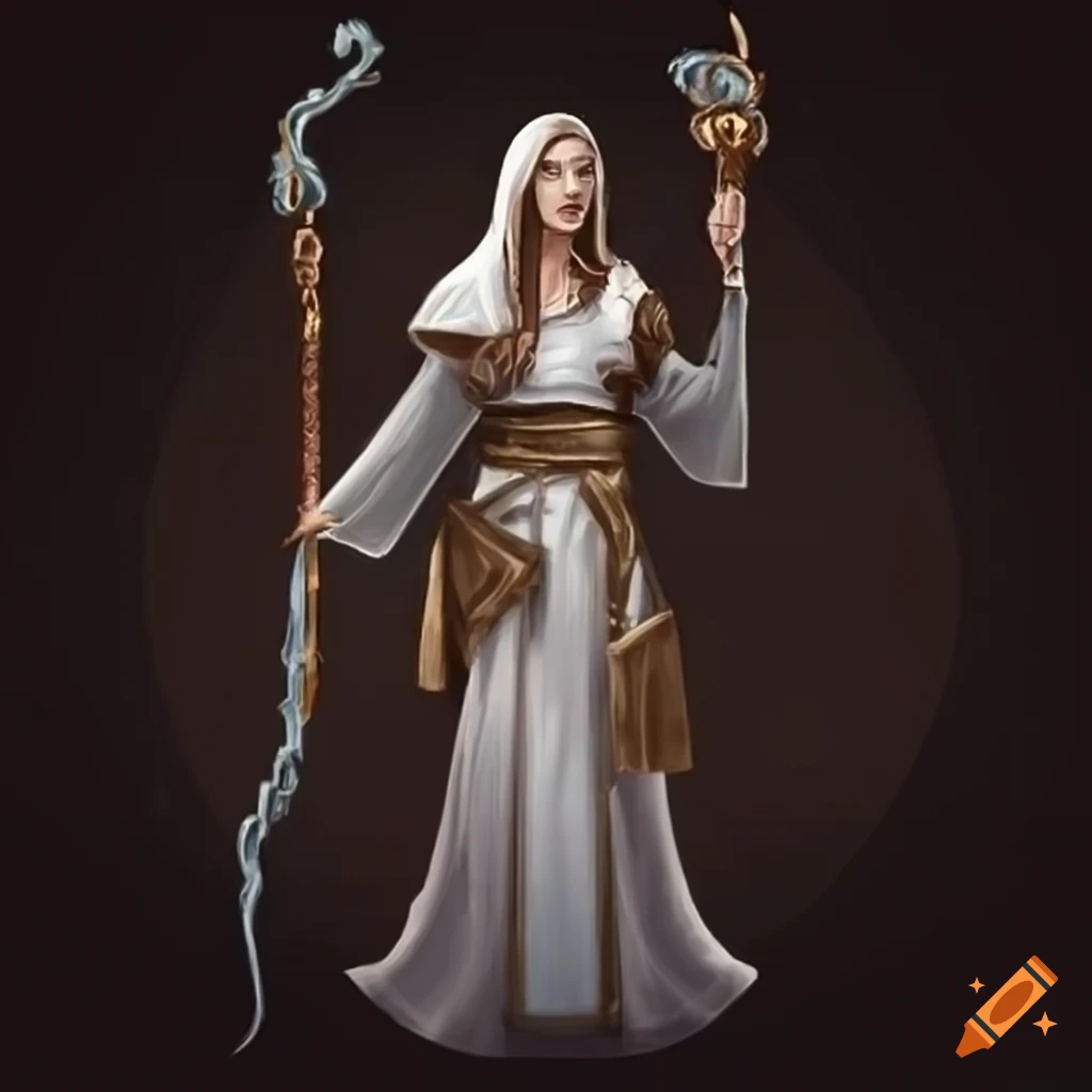 powerful female cleric with a mystical staff