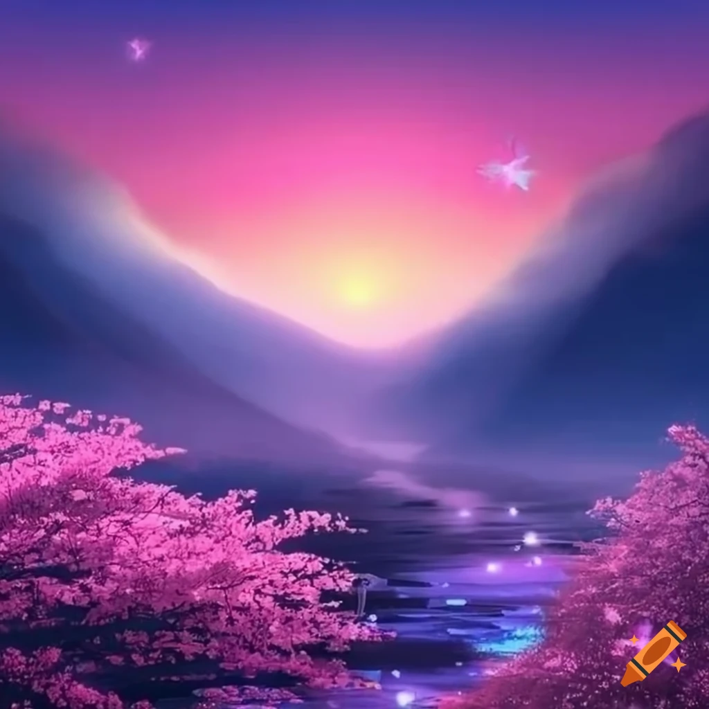 magical sakura landscape with mist and lights