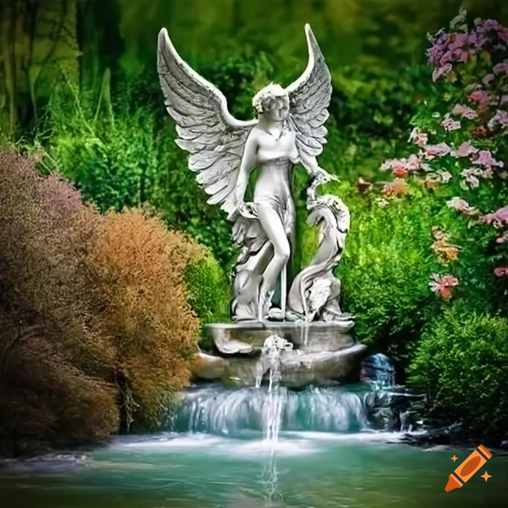 silver angel statue with wings in a garden