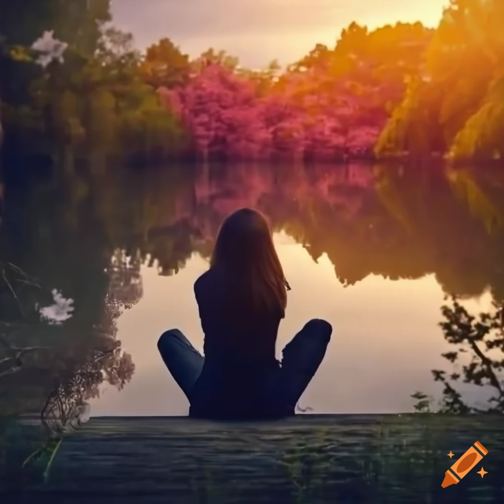 woman sitting by a sakura-filled pond under sunlight