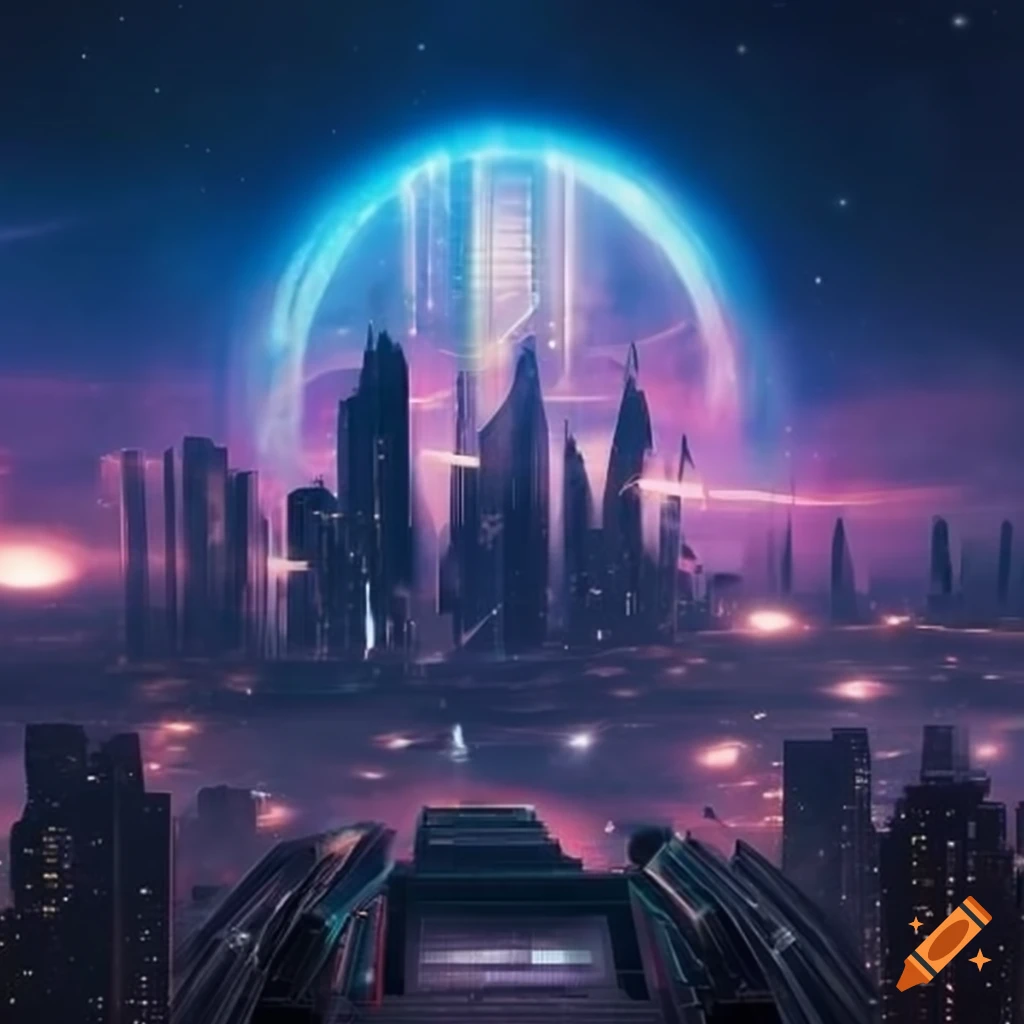 book cover of a futuristic cityscape with holographic projections and spaceship