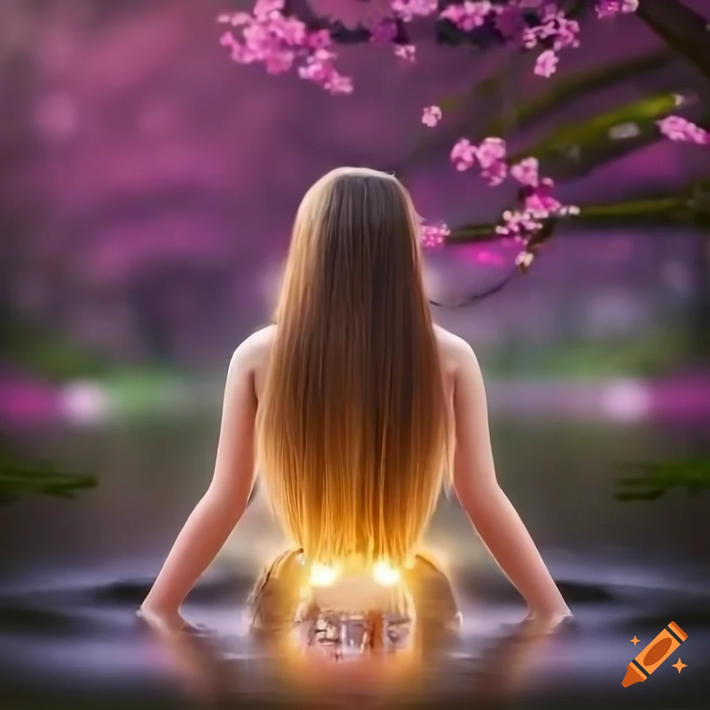 magical sakura pond with a woman sitting by it