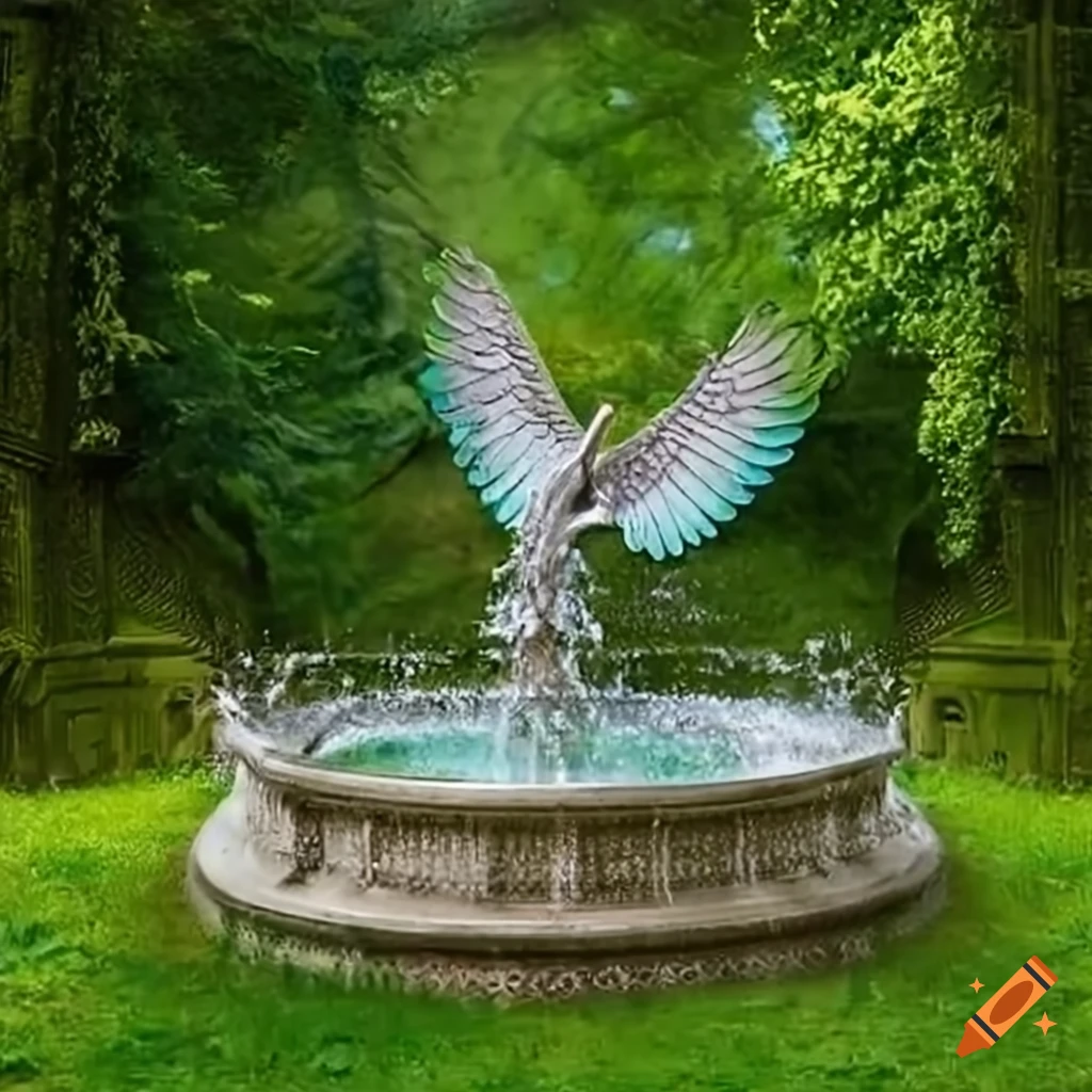 silver peacock statue spreading wings in a meadow garden