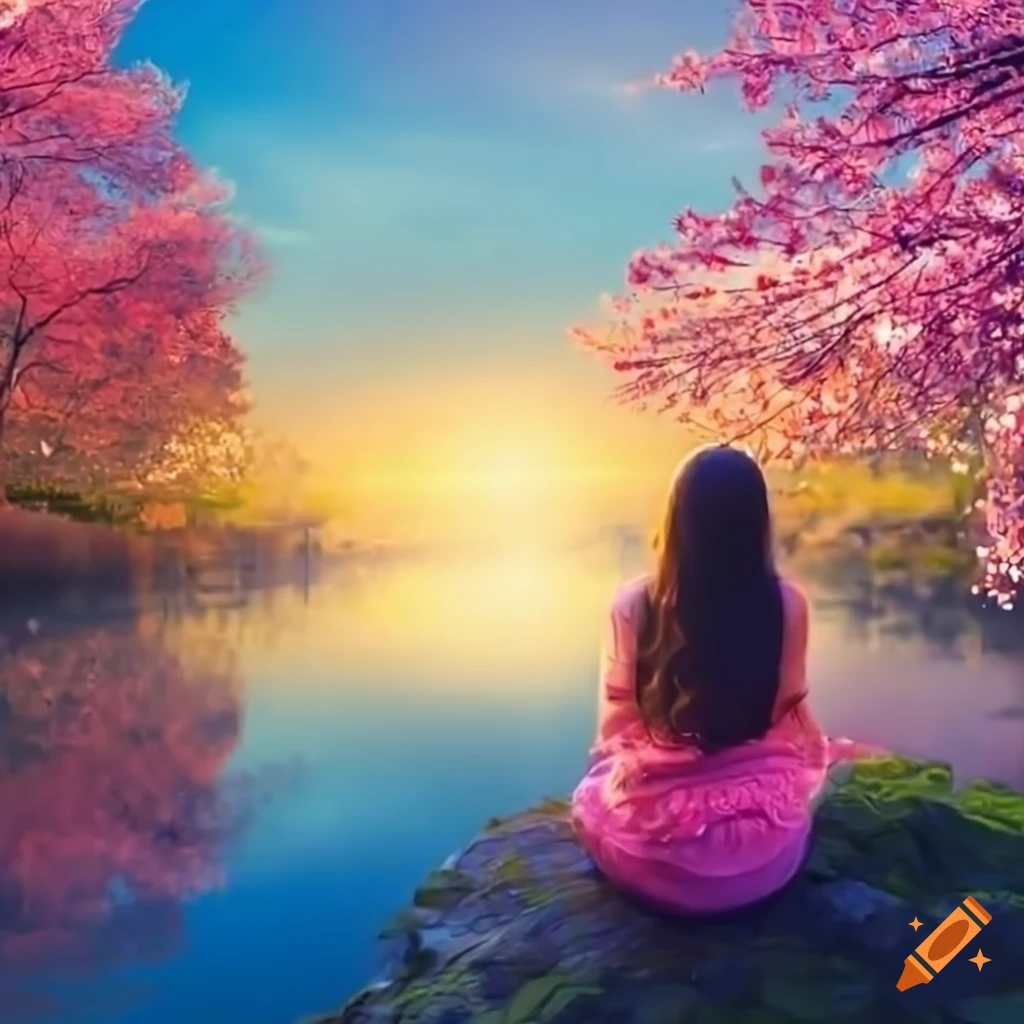 sakura pond with magical lights