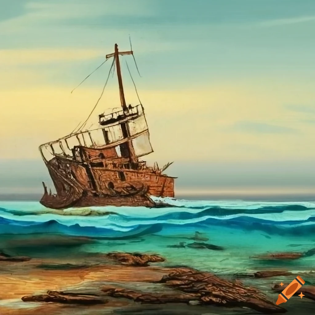 color lithograph of a shipwreck near a tropical island