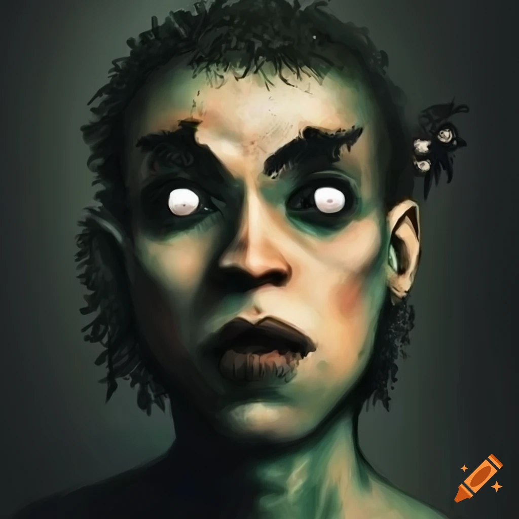 artwork of a man with bird-like features in a dark forest