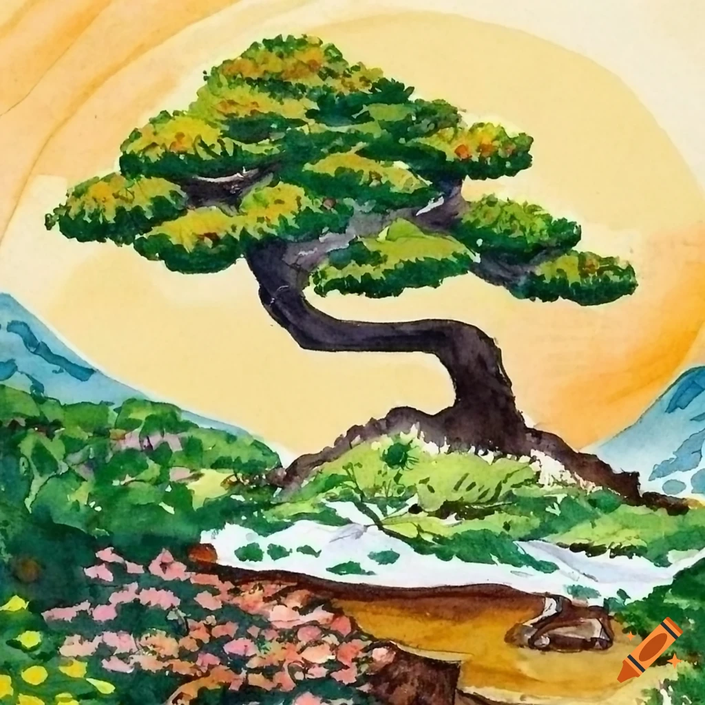 watercolor painting of a giant bonsai on a mountain