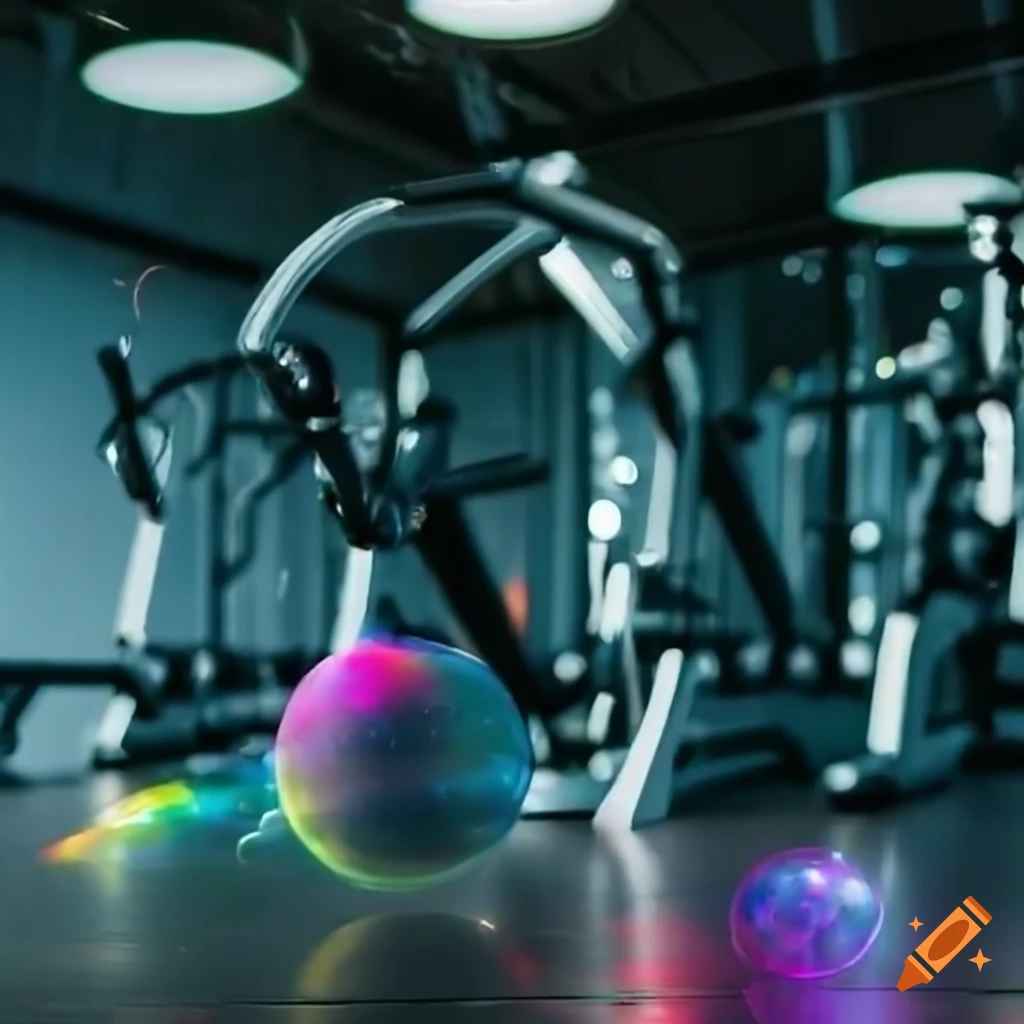 soap bubbles in a gym with exercise machines