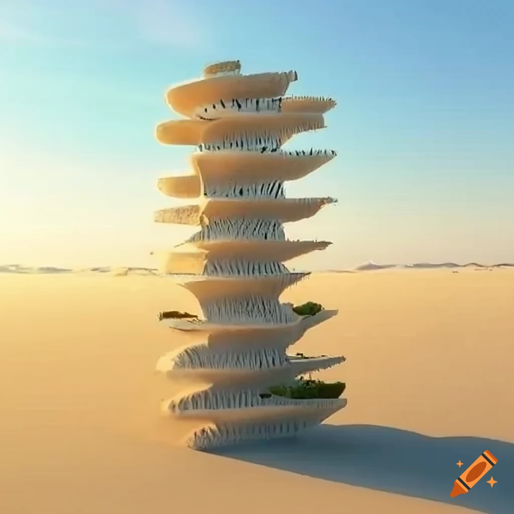 white sand desert with a living organic tower
