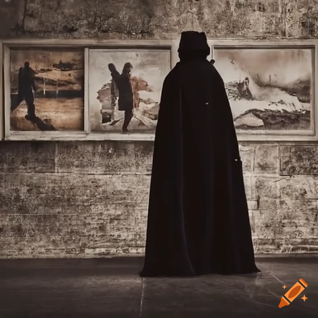 group of men with capes looking at a large painting