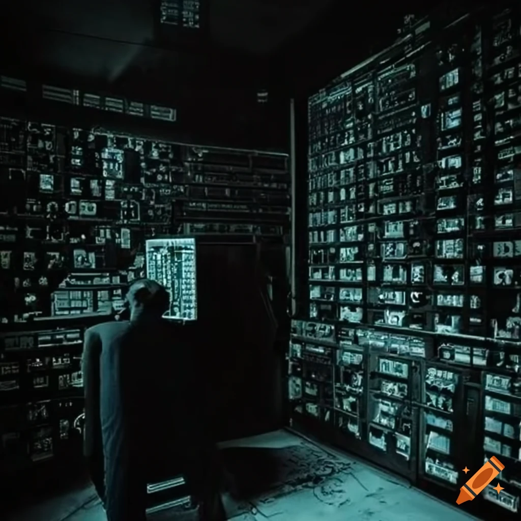 dark control room with computers and a map on the wall