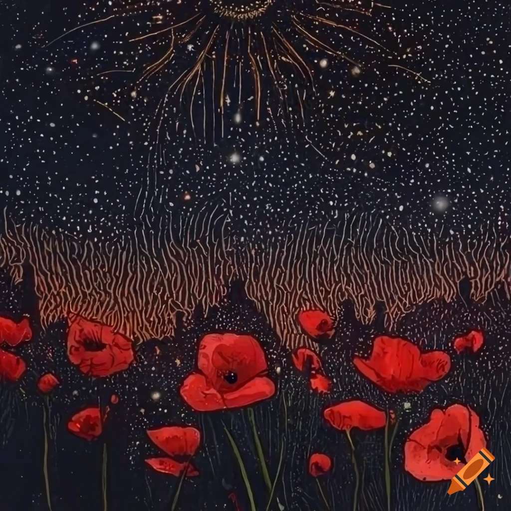 detailed illustration of poppies under a starry sky