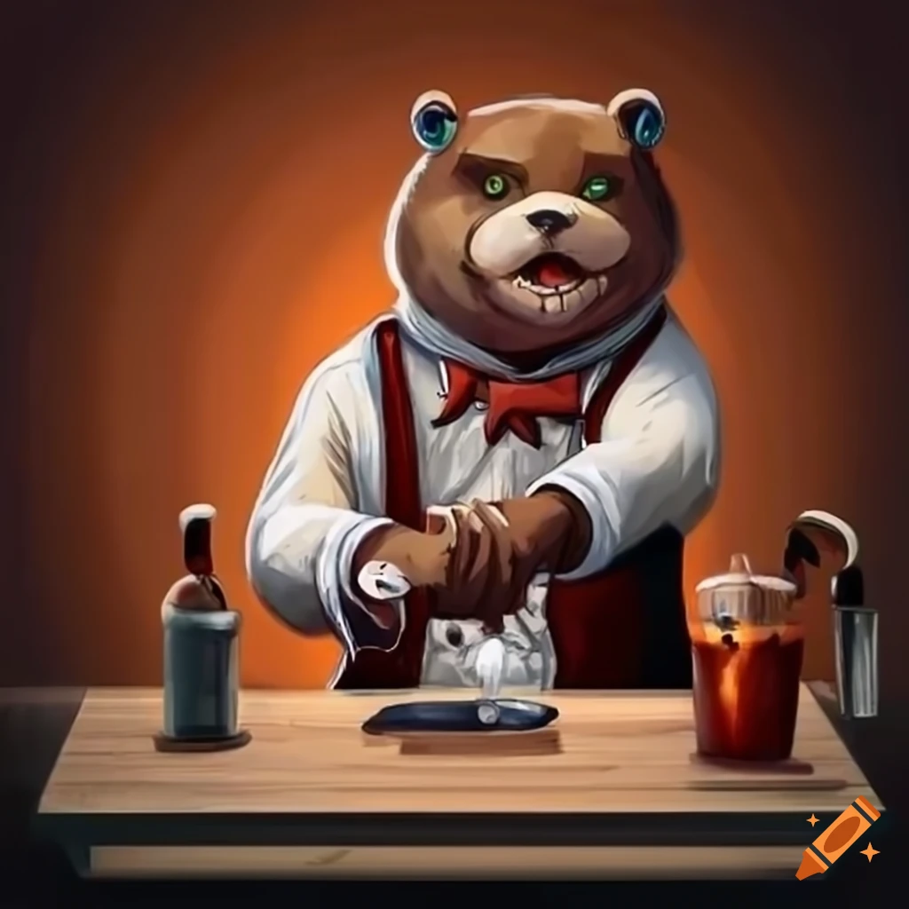 illustration of a bear bartender serving drinks