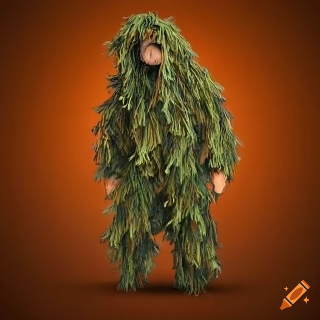 cartoon-style ghillie suit on a blue to orange gradient