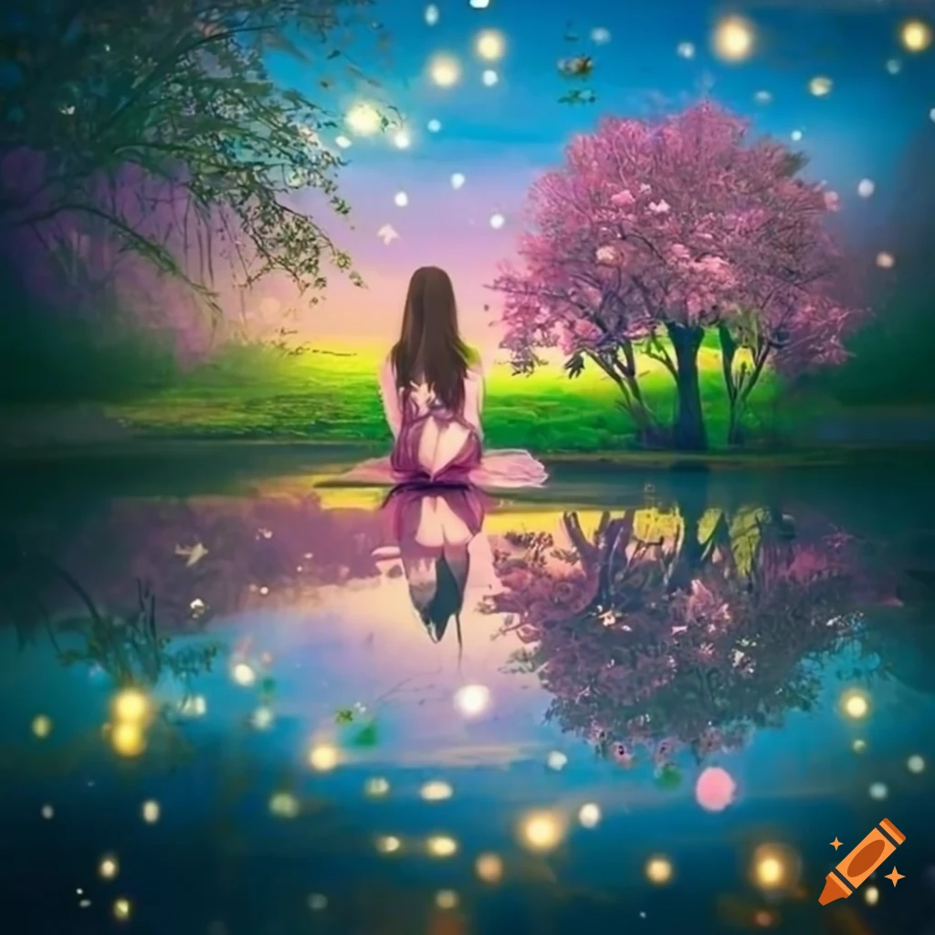 sakura pond with magical lights