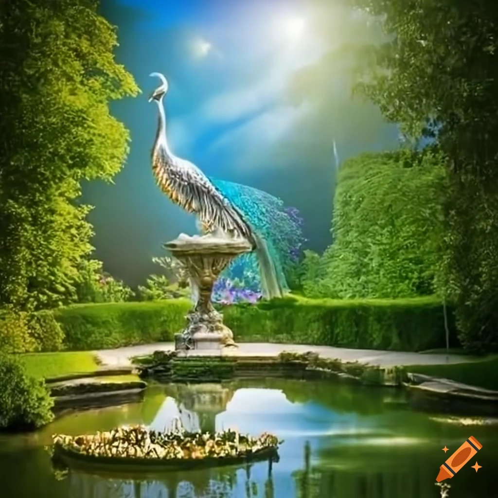 silver peacock statue spreading wings in a garden