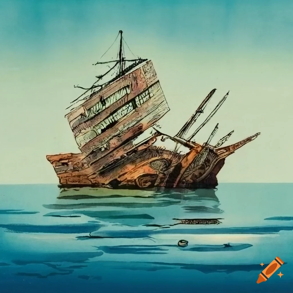 lithograph of a shipwreck on a calm sea
