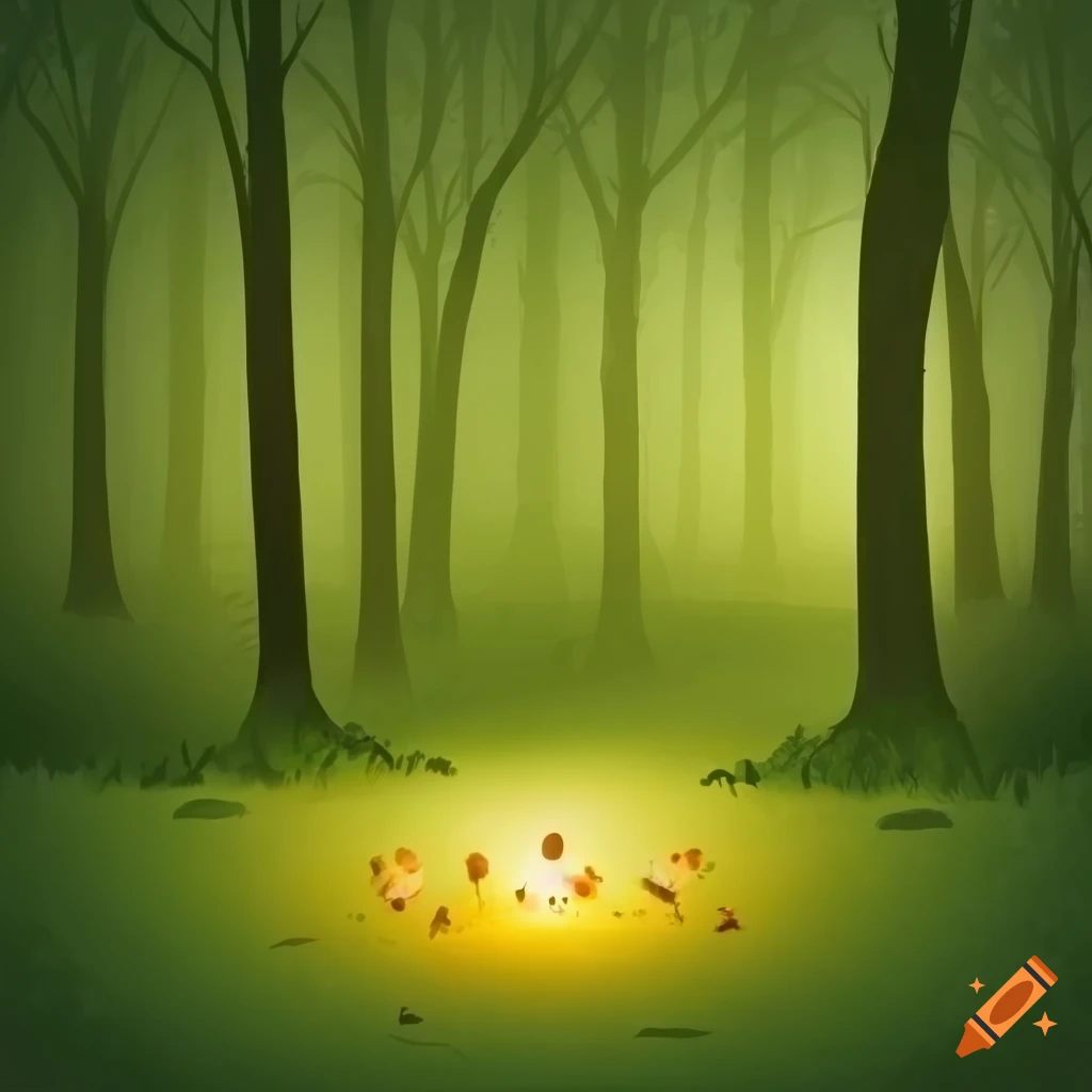 illustration of a peaceful forest clearing in misty fog
