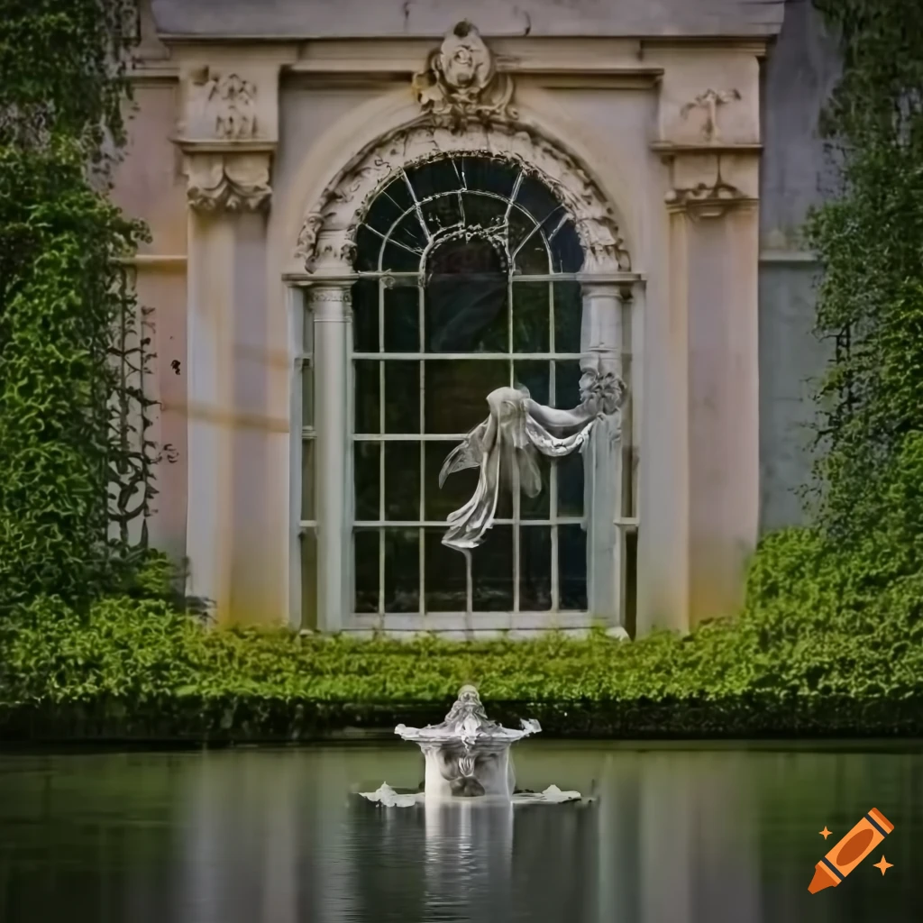 silver angel on a fountain in a rococo garden