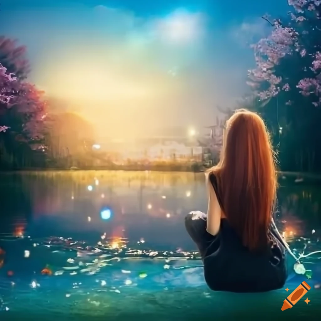 sakura pond with magical lights in a bright day