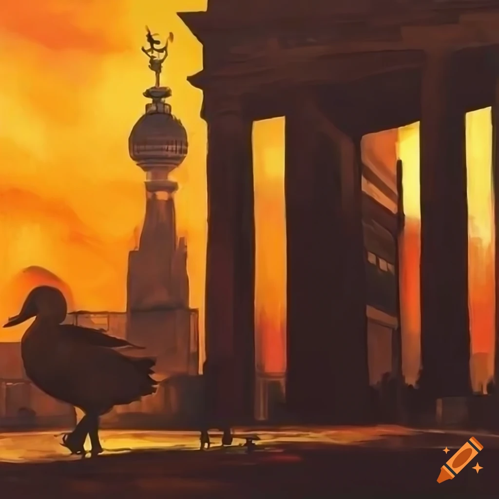 painting of a duck at Brandenburg Gate during sunset