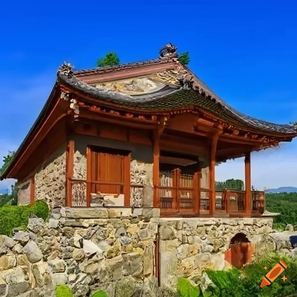 Tuscan Villa with Japanese temple roof and wooden detailing