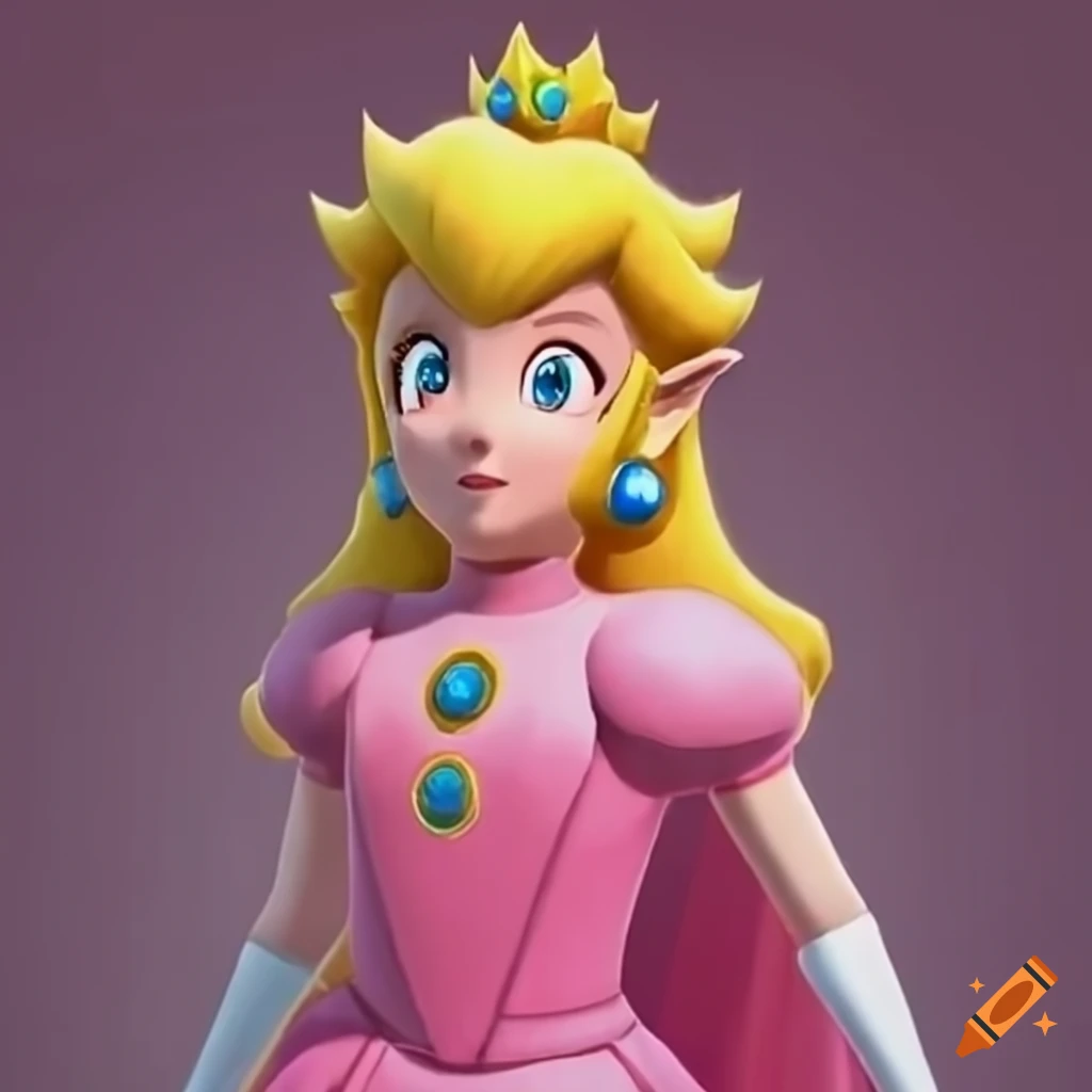 princess Peach in a beautiful ballgown descending a grand staircase