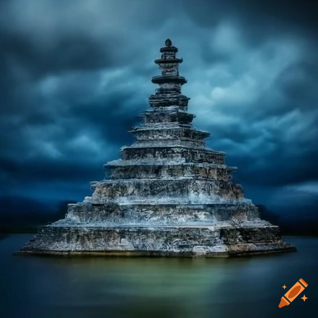 blue dragon near a pyramid in a cloudy landscape