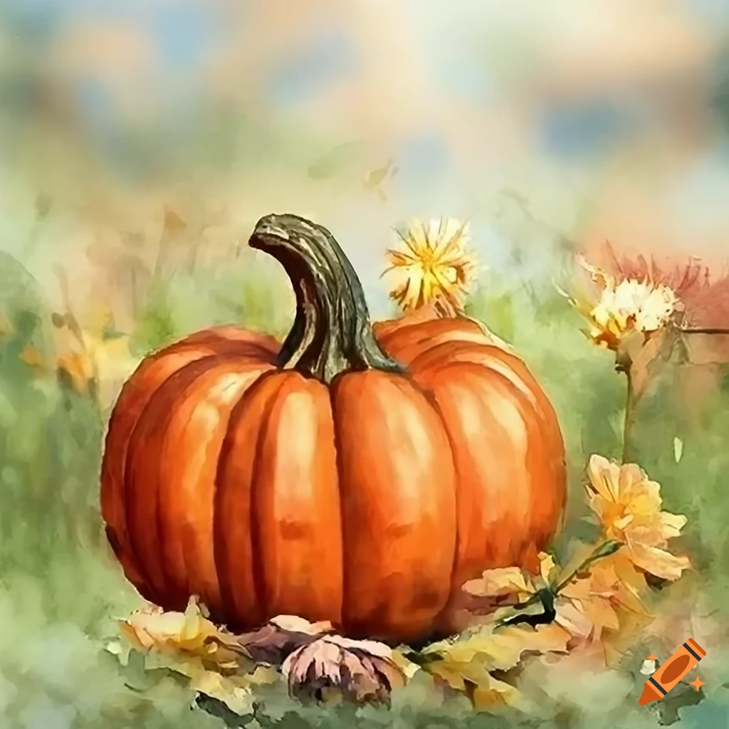 vibrant painting of a pumpkin in an autumn landscape